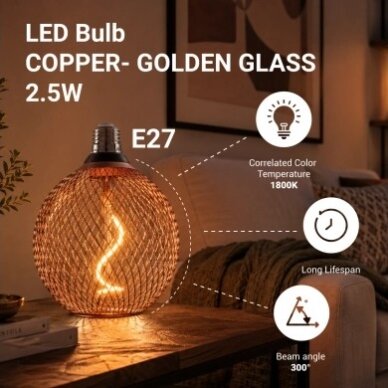 LED lemputė E27 2.5W, ažūrinis gaubtas, vario, šilta balta šviesa 4 LED lemputė E27 2.5W, ažūrinis gaubtas, vario, šilta balta šviesa 4