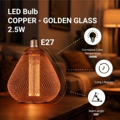 LED lemputė E27 2.5W, ažūrinis gaubtas, vario, šilta balta šviesa 4 LED lemputė E27 2.5W, ažūrinis gaubtas, vario, šilta balta šviesa 4