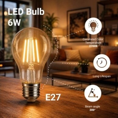 LED lemputė E27 6W, šilta balta šviesa 2