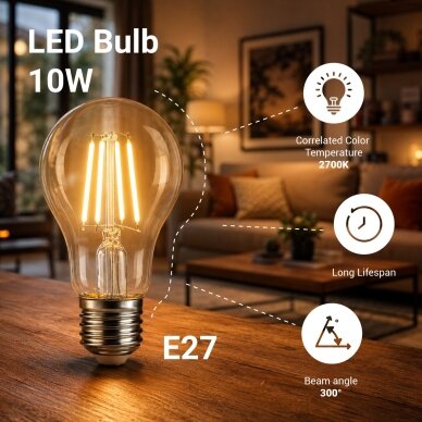 LED lemputė E27 A60 10W, šilta balta šviesa 1