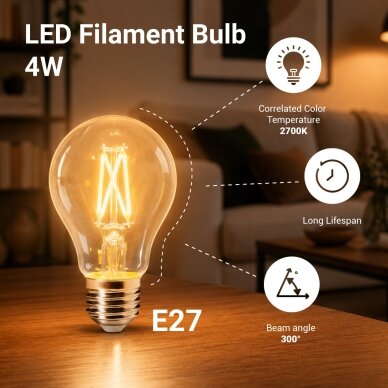 LED lemputė E27 A60 4W, dimeriuojama, šilta balta šviesa 2