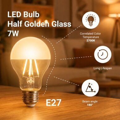 LED lemputė E27 A60 7W, pusiau auksinė, šilta balta šviesa 1