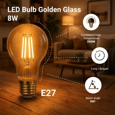 LED lemputė E27 A60 8W, auksinė, šilta balta šviesa 4