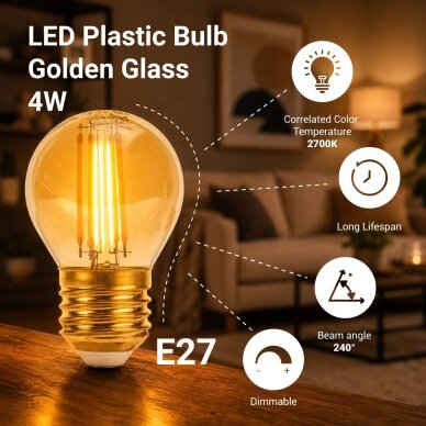 LED lemputė E27 G45 4W, dimeriuojama, auksinė, šilta balta šviesa 1