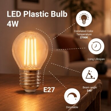 LED Bulb E27 G45 4W, Dimmable, Clear, Warm Light 2