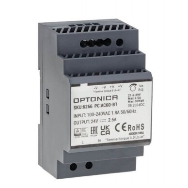 LED maitinimo šaltinis, 60W, 24V, 2.5A, plonas, DIN