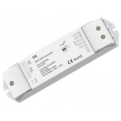 LED pastovios įtampos maitinimo valdiklis, 12-24V, 5A/kan., 5 kanalai, nuotolinis valdymas LED pastovios įtampos maitinimo valdiklis, 12-24V, 5A/kan., 5 kanalai, nuotolinis valdymas