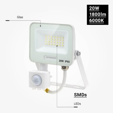 LED prožektorius, baltas, PIR jutiklis, 20W, 120°, šalta balta šviesa 3 LED prožektorius, baltas, PIR jutiklis, 20W, 120°, šalta balta šviesa 3