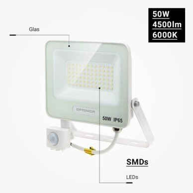 LED prožektorius, baltas, PIR jutiklis, 50W, 120°, šalta balta šviesa 3 LED prožektorius, baltas, PIR jutiklis, 50W, 120°, šalta balta šviesa 3