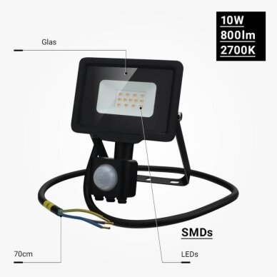 LED prožektorius, juodas, City Line, PIR jutiklis, 70cm laidas, 10W, šilta balta šviesa 3 LED prožektorius, juodas, City Line, PIR jutiklis, 70cm laidas, 10W, šilta balta šviesa 3