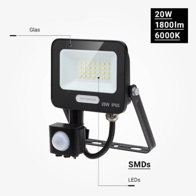 LED prožektorius, juodas, PIR jutiklis, 20W, 120°, šalta balta šviesa 3 LED prožektorius, juodas, PIR jutiklis, 20W, 120°, šalta balta šviesa 3