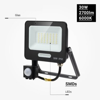 LED prožektorius, juodas, PIR jutiklis, 30W, 120°, šilta balta šviesa 3 LED prožektorius, juodas, PIR jutiklis, 30W, 120°, šilta balta šviesa 3