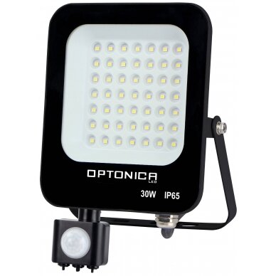 LED prožektorius, juodas, PIR jutiklis, 30W, šilta balta šviesa