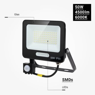 LED prožektorius, juodas, PIR jutiklis, 50W, 120°, neutrali balta šviesa 3 LED prožektorius, juodas, PIR jutiklis, 50W, 120°, neutrali balta šviesa 3