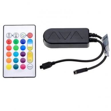LED RGB CCT maitinimo valdiklis, 12-24V, 5 kanalai, su IR pulteliu, 24 mygtukai, Tuya 3 LED RGB CCT maitinimo valdiklis, 12-24V, 5 kanalai, su IR pulteliu, 24 mygtukai, Tuya 3