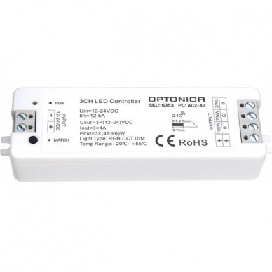LED RGB Constant Voltage Controller, 12-24V, 4A/Ch, 3 Channels 1