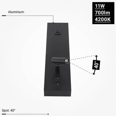 LED sieninis šviestuvas, 11W, ON/OFF jungiklis, USB, juodas, neutrali balta šviesa 3 LED sieninis šviestuvas, 11W, ON/OFF jungiklis, USB, juodas, neutrali balta šviesa 3