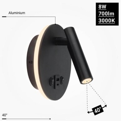 LED sieninis šviestuvas, 8W, ON/OFF jungiklis, USB, juodas, neutrali balta šviesa 3 LED sieninis šviestuvas, 8W, ON/OFF jungiklis, USB, juodas, neutrali balta šviesa 3