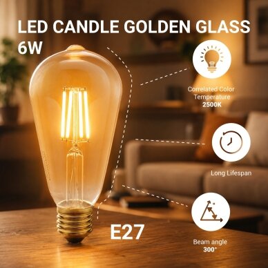 LED žvakė ST64 6W, auksinė, šilta balta šviesa 1