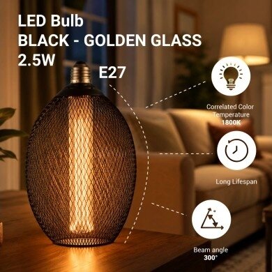 LED lemputė E27 2.5W, ažūrinis gaubtas, juodas, šilta balta šviesa 4 LED lemputė E27 2.5W, ažūrinis gaubtas, juodas, šilta balta šviesa 4