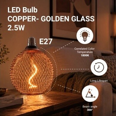 LED lemputė E27 2.5W, ažūrinis gaubtas, vario, šilta balta šviesa 4 LED lemputė E27 2.5W, ažūrinis gaubtas, vario, šilta balta šviesa 4