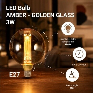 LED lemputė E27 3W, gintarinė, šilta balta šviesa 4 LED lemputė E27 3W, gintarinė, šilta balta šviesa 4