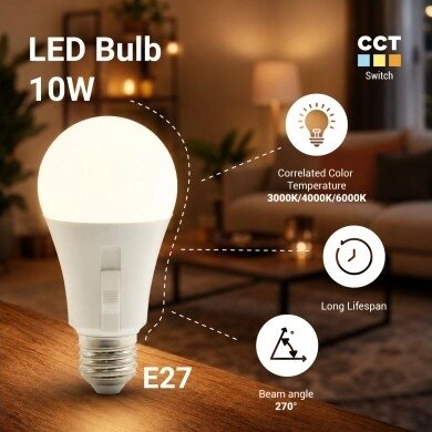 LED Bulb E27 A60 10W, 3CCT, Selectable 3