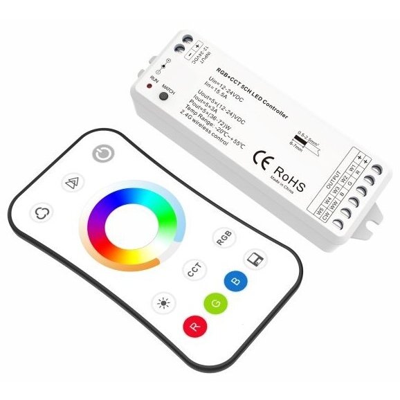 LED RGB CCT maitinimo valdiklis, 12-24V, 3A/kan., 5 kanalai, su IR pulteliu, 3 metai garantija LED RGB CCT maitinimo valdiklis, 12-24V, 3A/kan., 5 kanalai, su IR pulteliu, 3 metai garantija