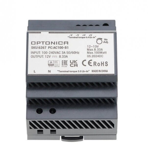 Ultra Slim DIN Rail Power Supply, 100W, 12V, 8.33A 1