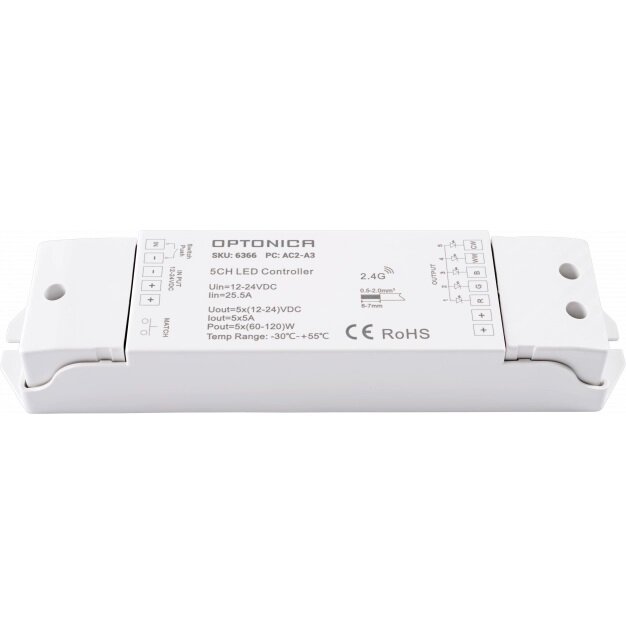LED pastovios įtampos maitinimo valdiklis, 12-24V, 5A/kan., 5 kanalai, nuotolinis valdymas 1 LED pastovios įtampos maitinimo valdiklis, 12-24V, 5A/kan., 5 kanalai, nuotolinis valdymas 1