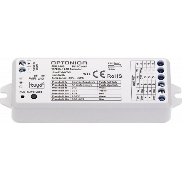LED Constant Voltage Controller, 5in1 12-24V, 3A/Ch, 5 Channels, Tuya, 3 Years Warranty 1