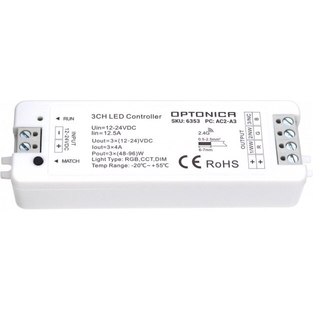 LED RGB Constant Voltage Controller, 12-24V, 4A/Ch, 3 Channels 1