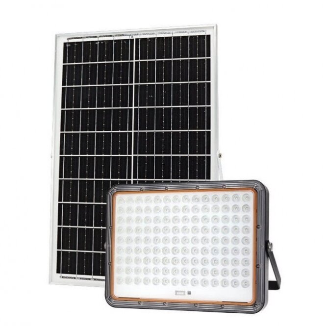 LED prožektorius, juodas, su saulės baterija, 40W, šalta balta šviesa