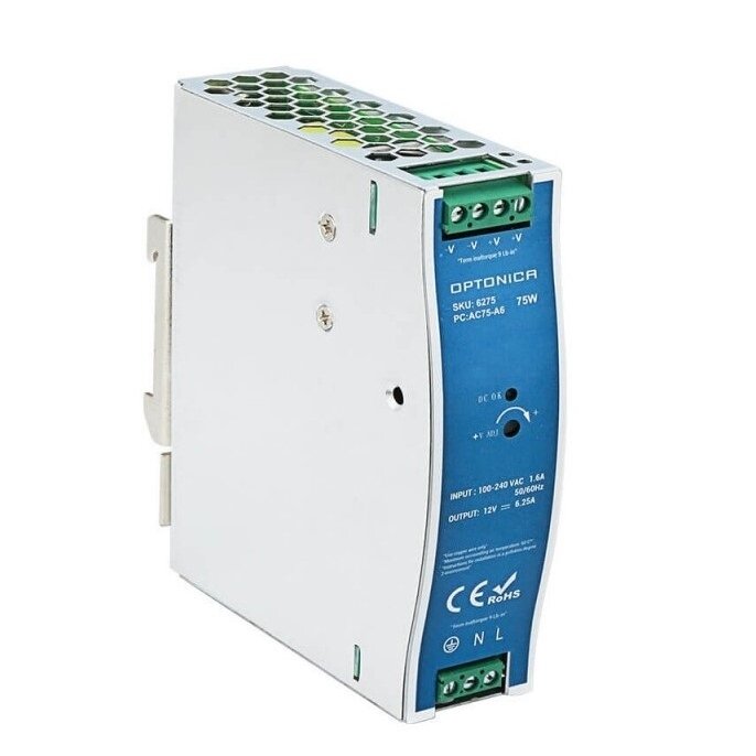 DIN Rail Power Supply, 75W, 12V, 6.25A 1