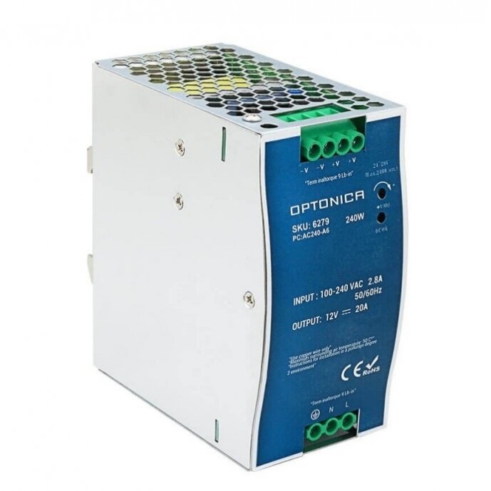 DIN Rail Power Supply, 240W, 12V, 20A 1