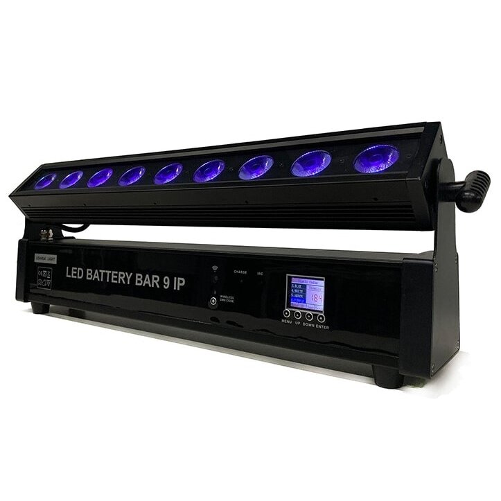 LED linijinis prožektorius, 9x10W, RGBA UV, su baterija, nuotolinis valdymas, vandeniui atsparus, 6in1 LED linijinis prožektorius, 9x10W, RGBA UV, su baterija, nuotolinis valdymas, vandeniui atsparus, 6in1