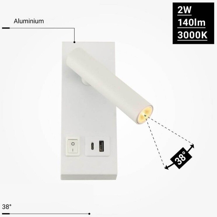 LED sieninis šviestuvas, 2W, ON/OFF jungiklis, USB, baltas, šilta balta šviesa 3 LED sieninis šviestuvas, 2W, ON/OFF jungiklis, USB, baltas, šilta balta šviesa 3