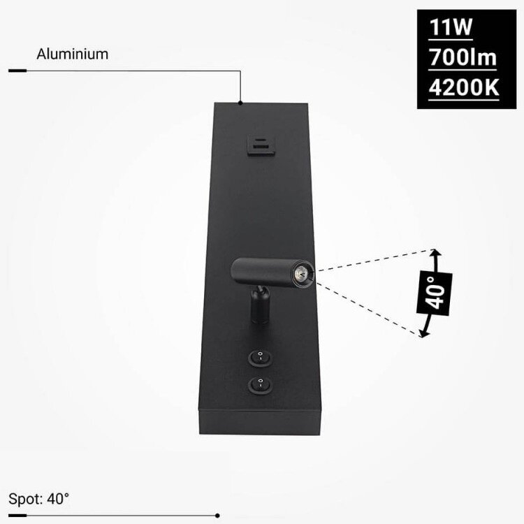 LED sieninis šviestuvas, 11W, ON/OFF jungiklis, USB, juodas, neutrali balta šviesa 3 LED sieninis šviestuvas, 11W, ON/OFF jungiklis, USB, juodas, neutrali balta šviesa 3