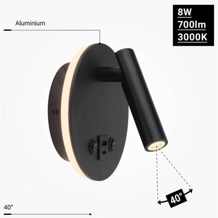 LED sieninis šviestuvas, 8W, ON/OFF jungiklis, USB, juodas, šilta balta šviesa 3