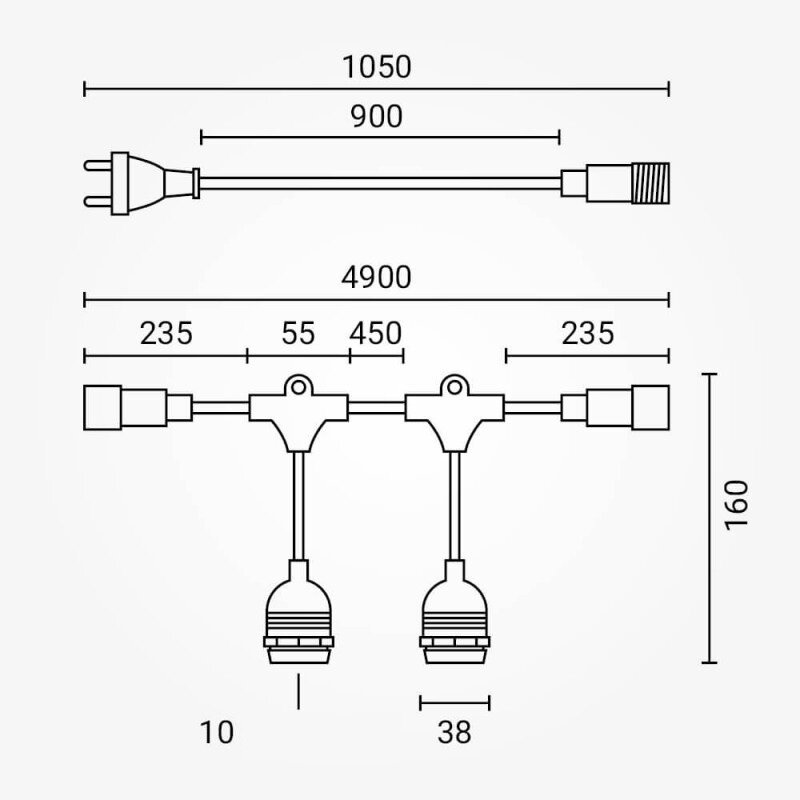LED Outdoor String Light, Black, 6m, 10Pcs., Suspended Sockets, without Bulbs 6 LED Outdoor String Light, Black, 6m, 10Pcs., Suspended Sockets, without Bulbs 6