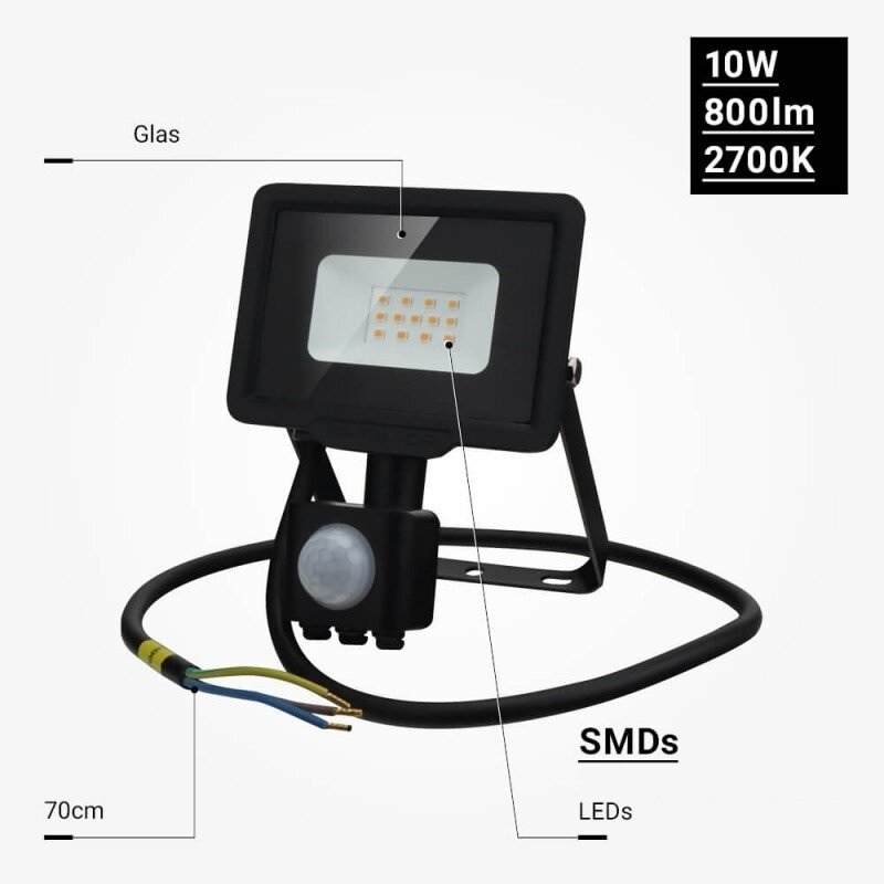 LED prožektorius, juodas, City Line, PIR jutiklis, 70cm laidas, 10W, šilta balta šviesa 3