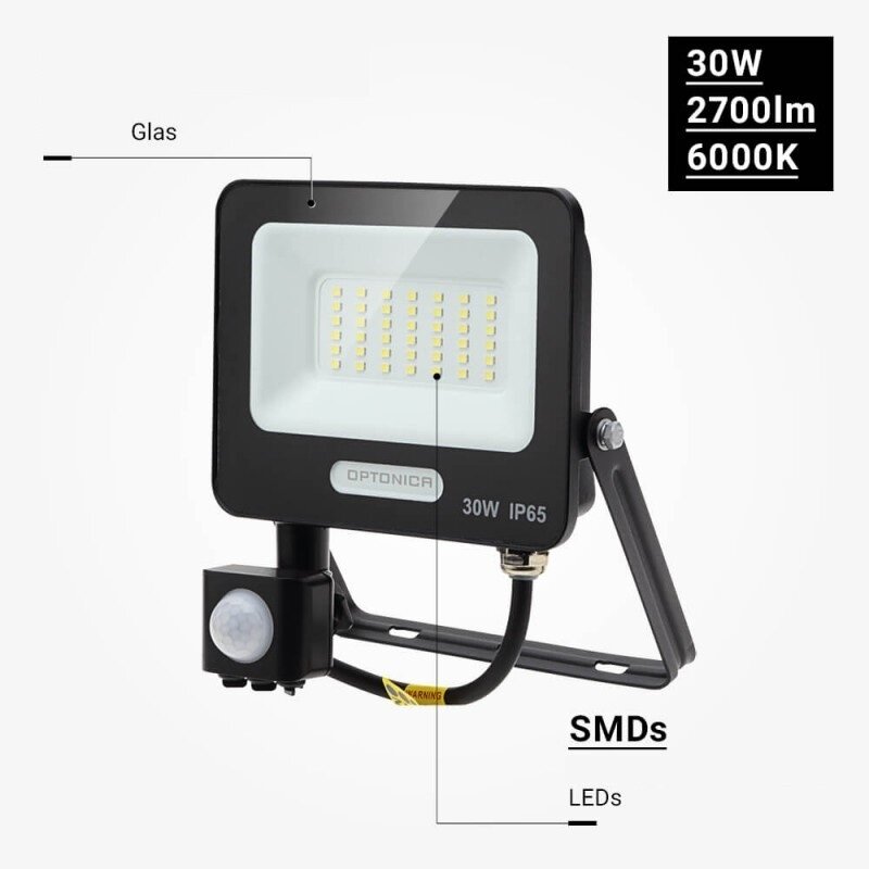 LED Floodlight, Black, PIR Sensor, 30W, 120°, White Light 3