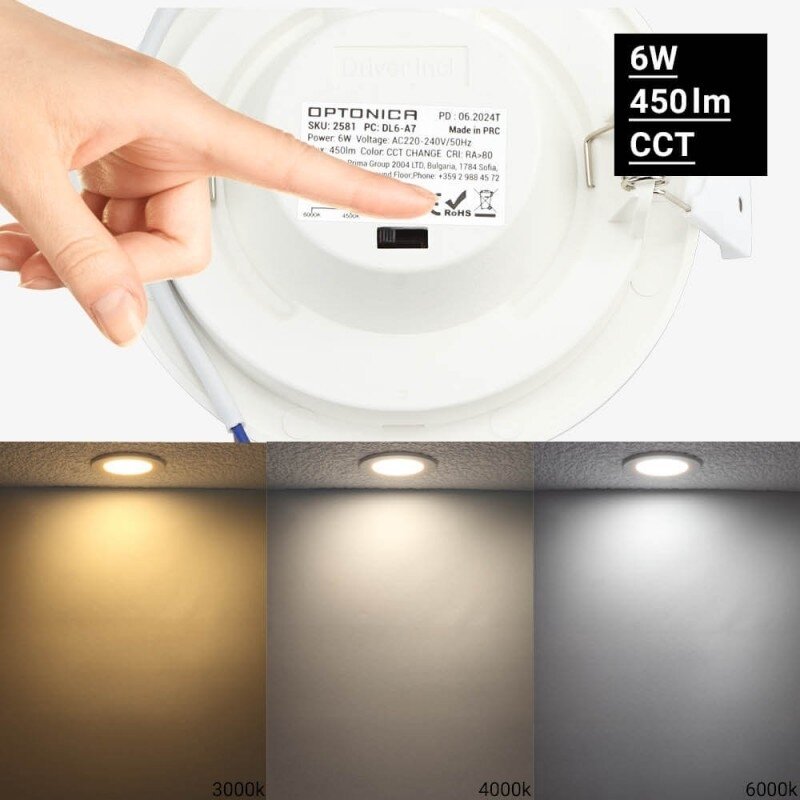 LED Slim Downlight, 6W, Dimmable, CCT 3000K-6000K 3
