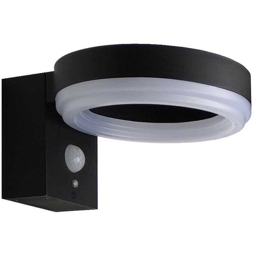 LED Solar Wall Lamp, Black, Round, PIR Sensor, 6W, White Light