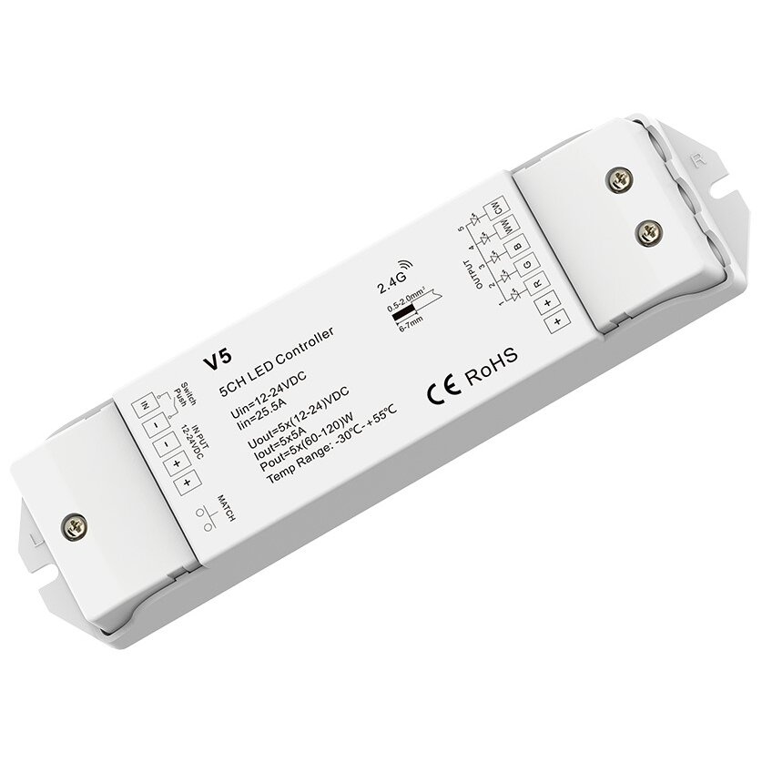 LED pastovios įtampos maitinimo valdiklis, 12-24V, 5A/kan., 5 kanalai, nuotolinis valdymas