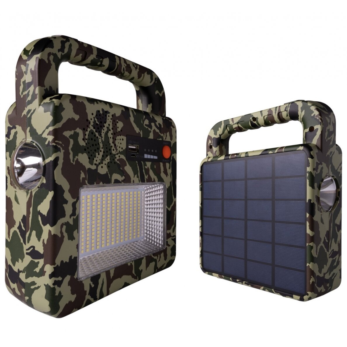Nešiojamas prožektorius + garsiakalbis, 3.5W, pakraunamas saulėje, Bluetooth, kamufliažinis, CCT spalvos Nešiojamas prožektorius + garsiakalbis, 3.5W, pakraunamas saulėje, Bluetooth, kamufliažinis, CCT spalvos