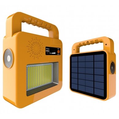 Nešiojamas prožektorius + garsiakalbis, 3.5W, pakraunamas saulėje, Bluetooth, geltonas, CCT spalvos Nešiojamas prožektorius + garsiakalbis, 3.5W, pakraunamas saulėje, Bluetooth, geltonas, CCT spalvos