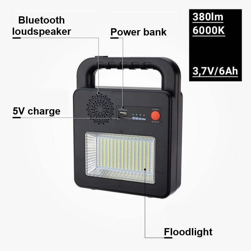 Nešiojamas prožektorius + garsiakalbis, 3.5W, pakraunamas saulėje, Bluetooth, juodas, CCT spalvos 3